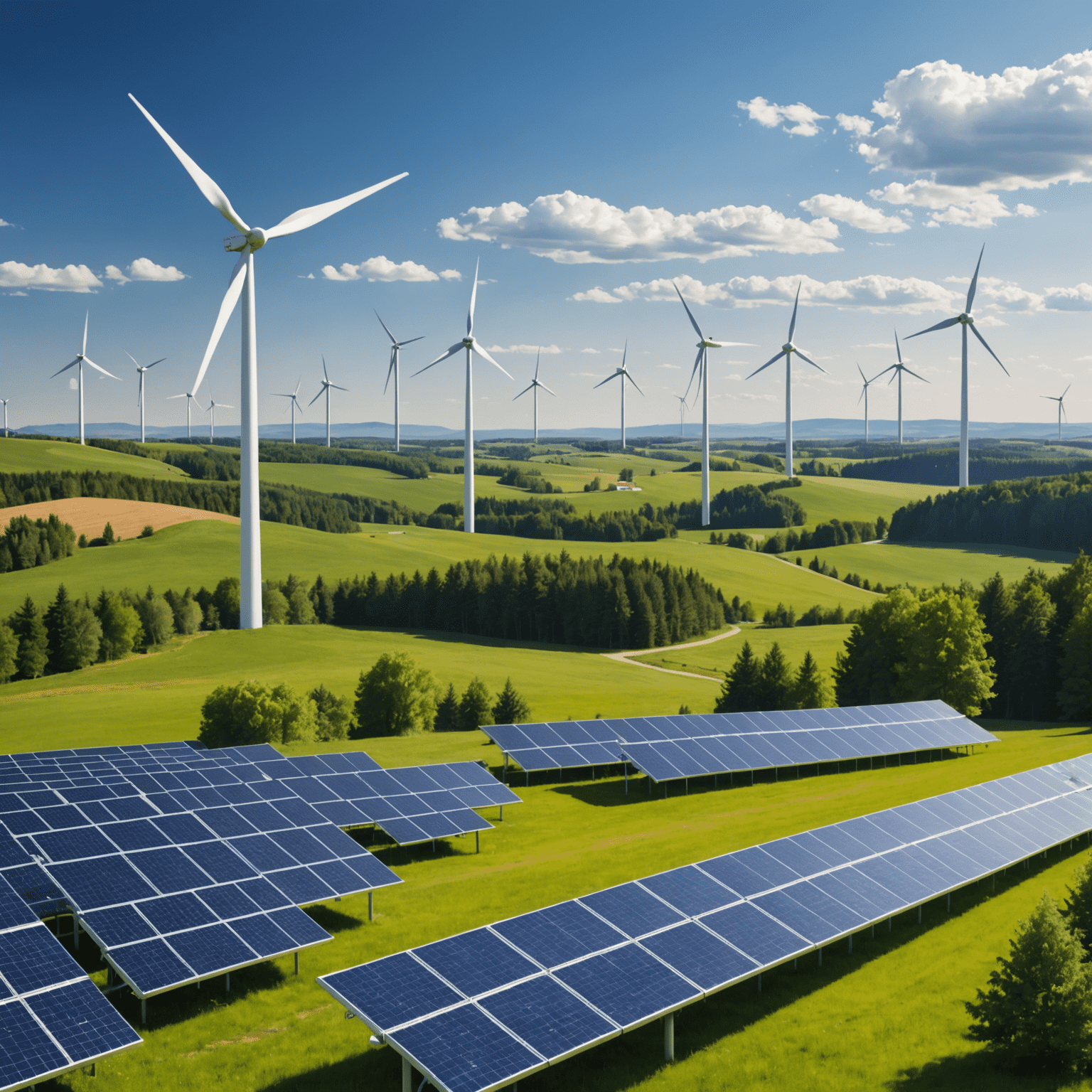 Illustration of a Canadian landscape with wind turbines and solar panels, symbolizing the integration of green energy into the country's natural beauty