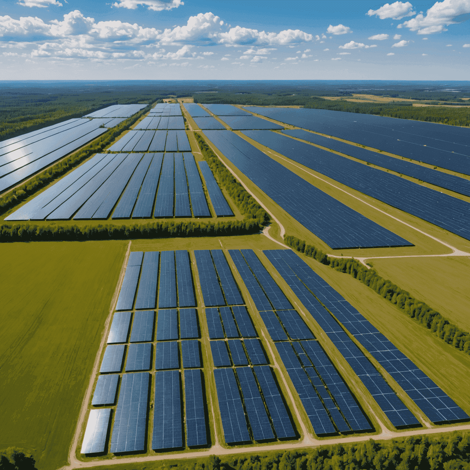 Aerial view of a large solar farm in rural Canada, with rows of solar panels stretching across fields bordered by forests. The image showcases the scale of solar energy adoption in the country.