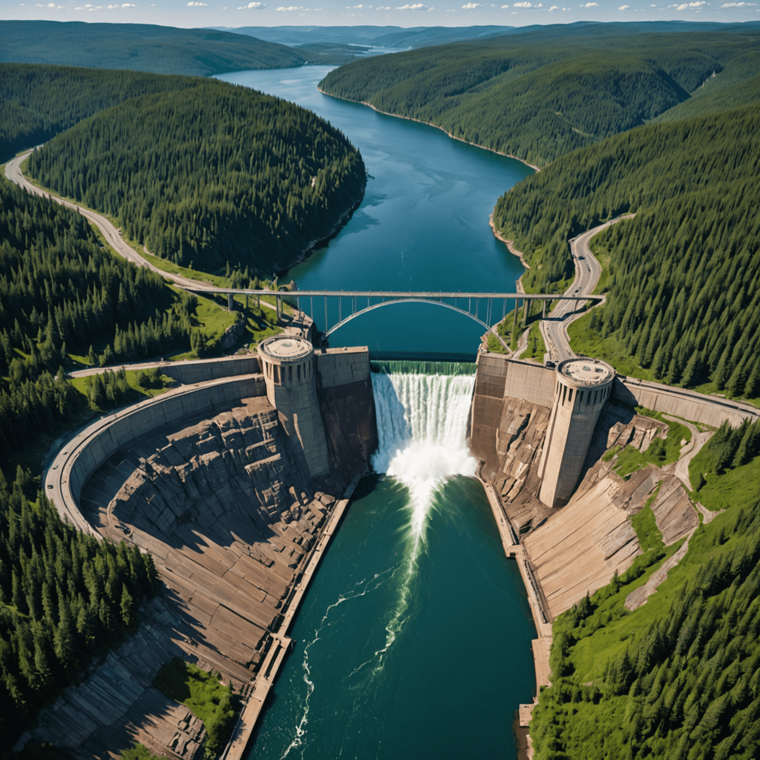 Aerial view of a large hydroelectric dam in Canada, surrounded by lush forests and a vast reservoir