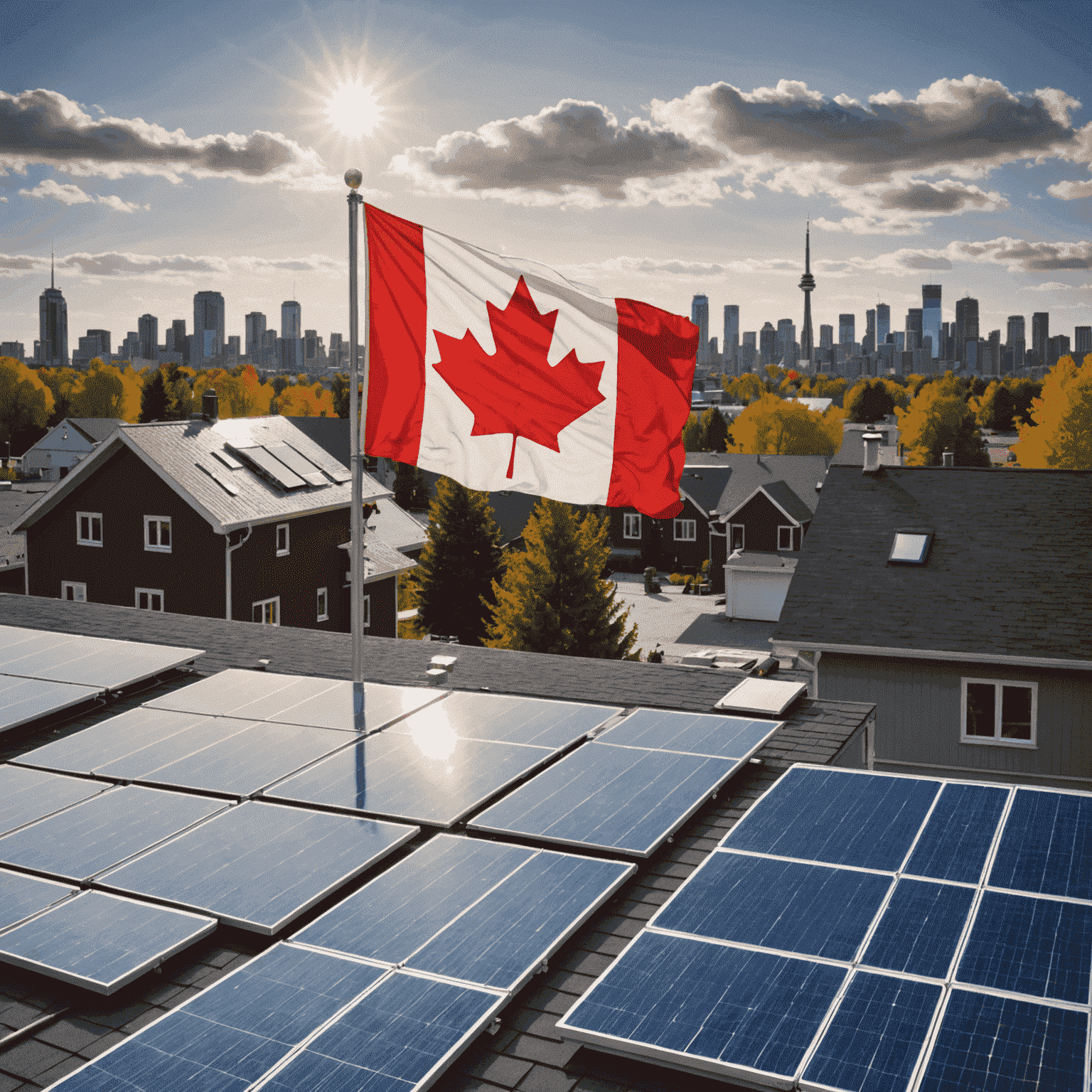 Solar panels on rooftops with Canadian flag in the background, symbolizing the solar power revolution in Canada