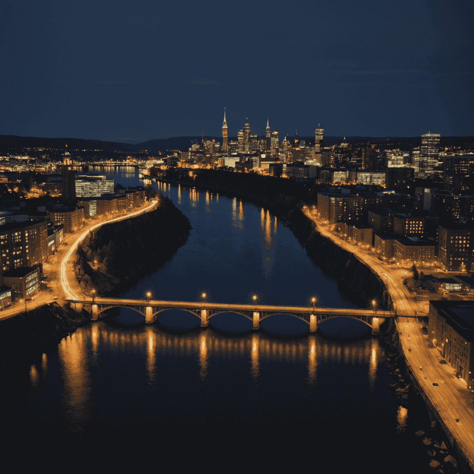 Nighttime cityscape of a Canadian metropolis, brightly lit by hydroelectric power, with a river in the foreground