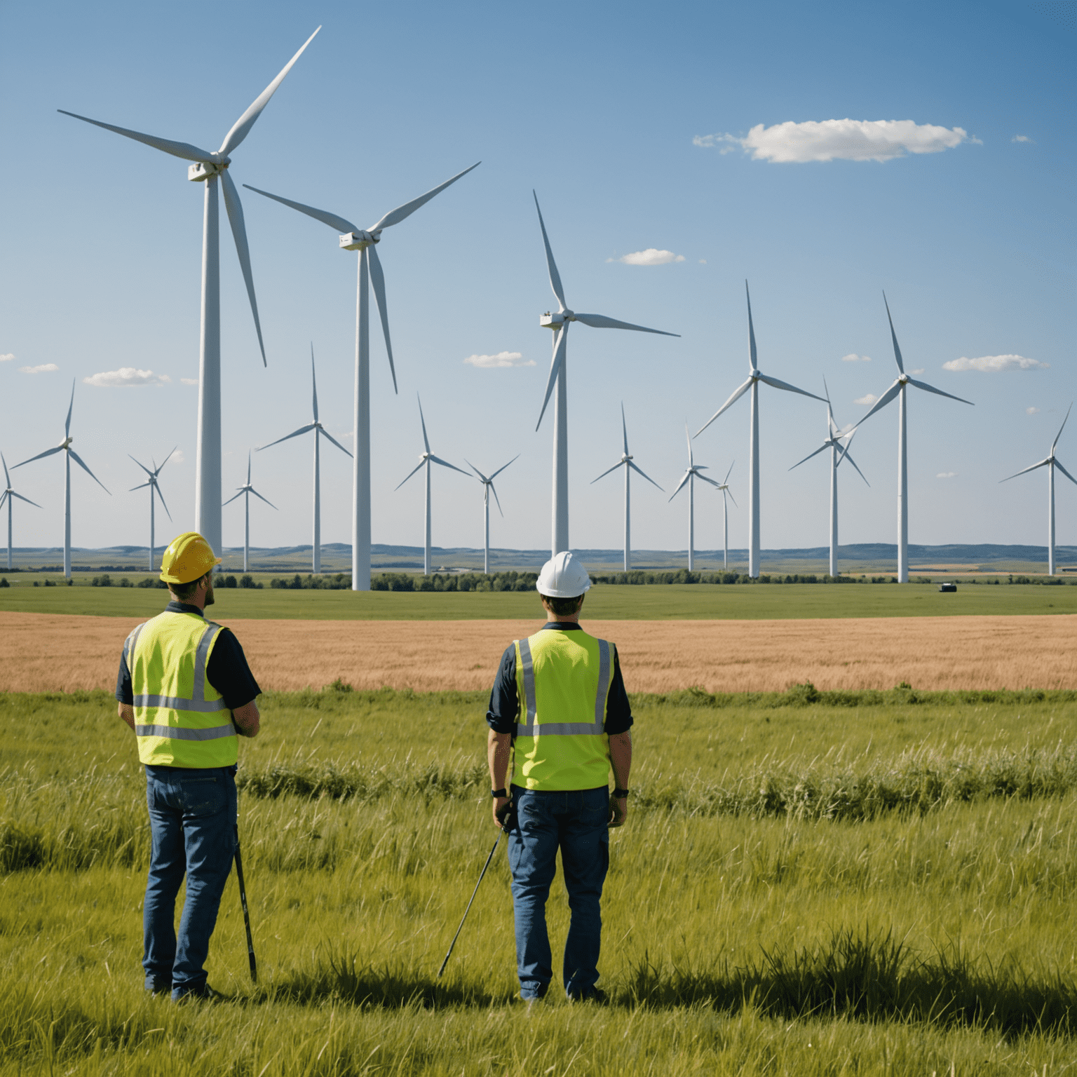 Wind turbines on a Canadian prairie with workers in the foreground, illustrating job creation in the wind energy sector