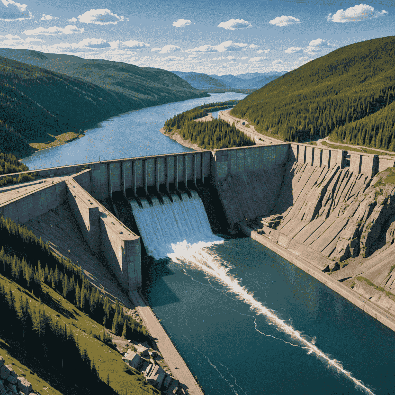 Massive hydroelectric dam in a Canadian landscape with power lines stretching into the distance, representing Canada's hydroelectric power